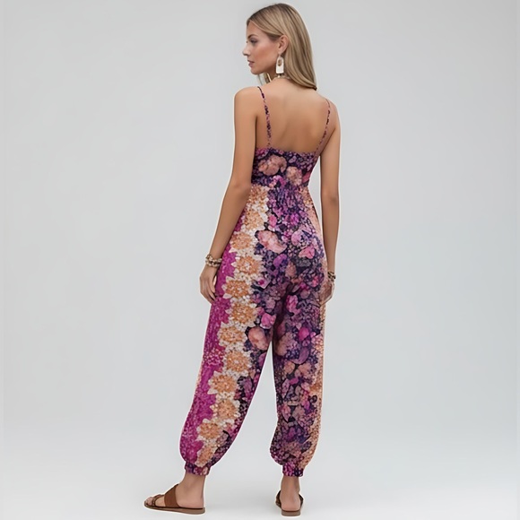 Boho Floral Print Button Front Cami Jumpsuit - Picture 4 of 6